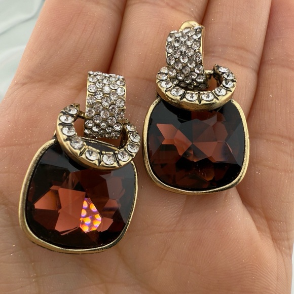 Luxury Gold and Brown Gemstone Earrings - Picture 6 of 8